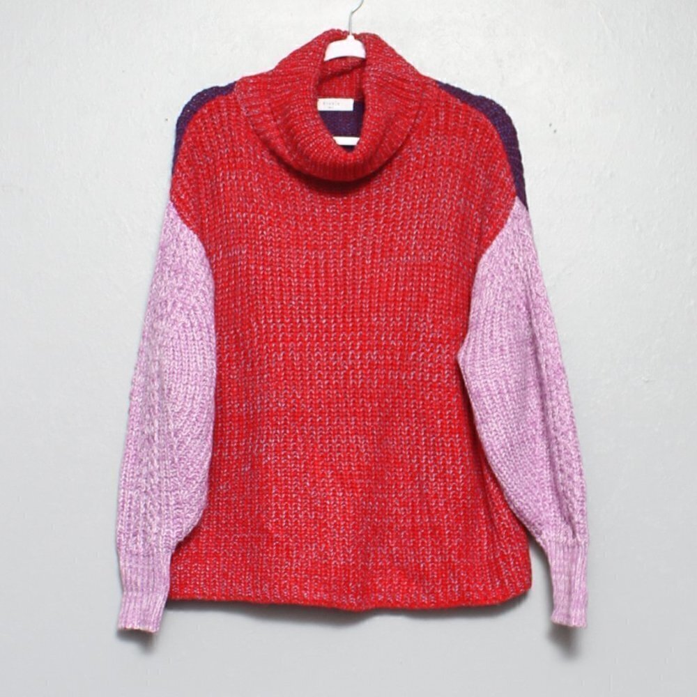Elodie color block red purple chunky knit turtleneck cozy sweater